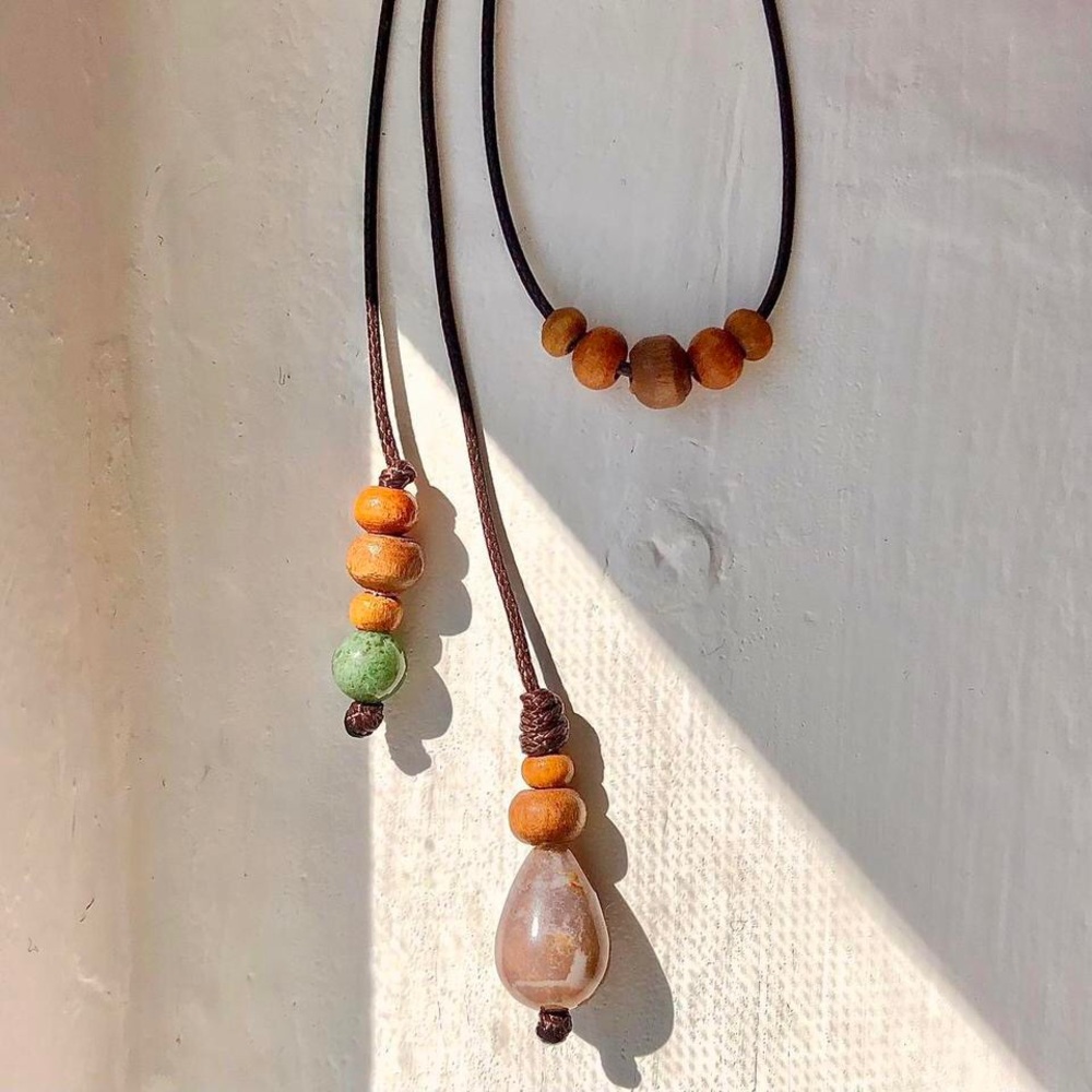Moss x Indian Agate Teardrop Beaded (Dark Brown) Earthy Boho Wrap Choker - Picture 2 of 5
